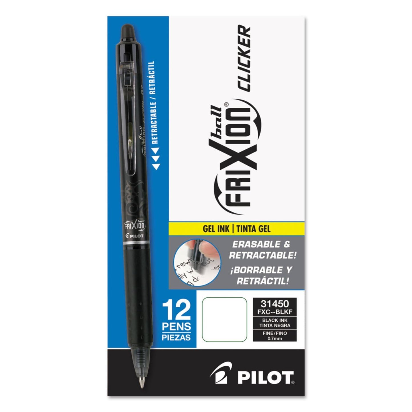 Pilot, FriXion Clicker Erasable Gel Pens, Fine Point Pens 0.7 mm, Pack of 12, Black