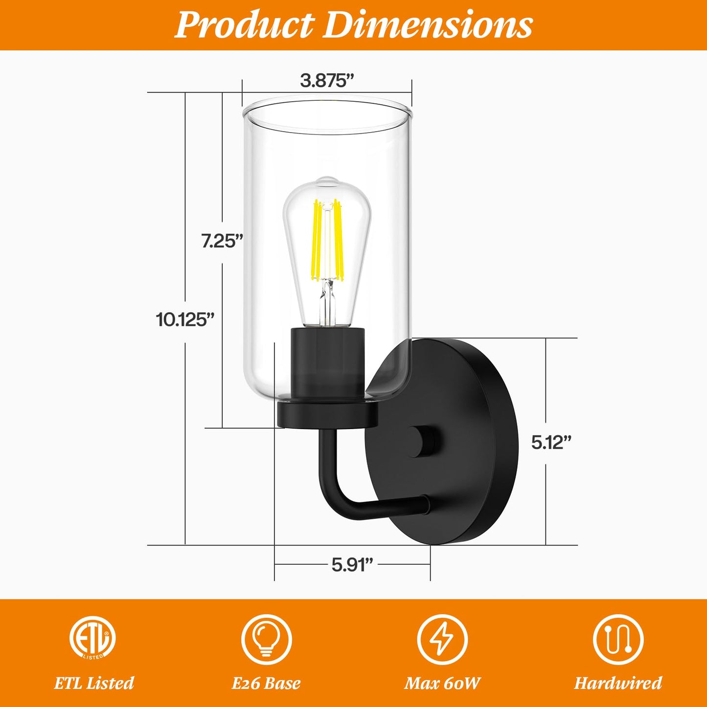 Zevluck Wall Sconces Set of 2, Modern Wall Light Fixtures with Clear Glass Shade, Matte Black Bathroom Vanity Light, Hardwired Vanity Wall Lamps