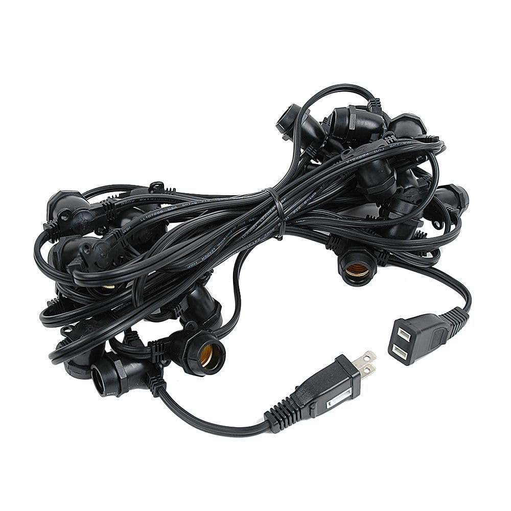 Novelty Lights 25 Feet Heavy Duty Light String with 25 in-Line E17 Sockets, Black Wire PVC Commercial Grade Stringer, 12" Spacing, End-to-End