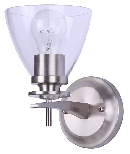 New Yorker 1 Light Wall Sconce Traditional Wall Fixture with Clear Glass Shade Uses Classic Brushed Nickel Vanity or Accent Light
