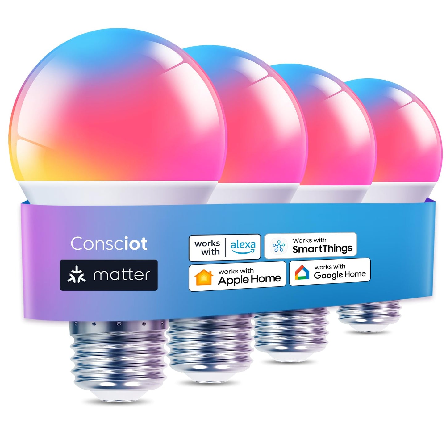 Consciot Smart Light Bulbs, A19 E26 Color Changing LED Bulbs, WiFi & Bluetooth, Matter-Certified, Works with Alexa, Google Home & Siri, No Hub