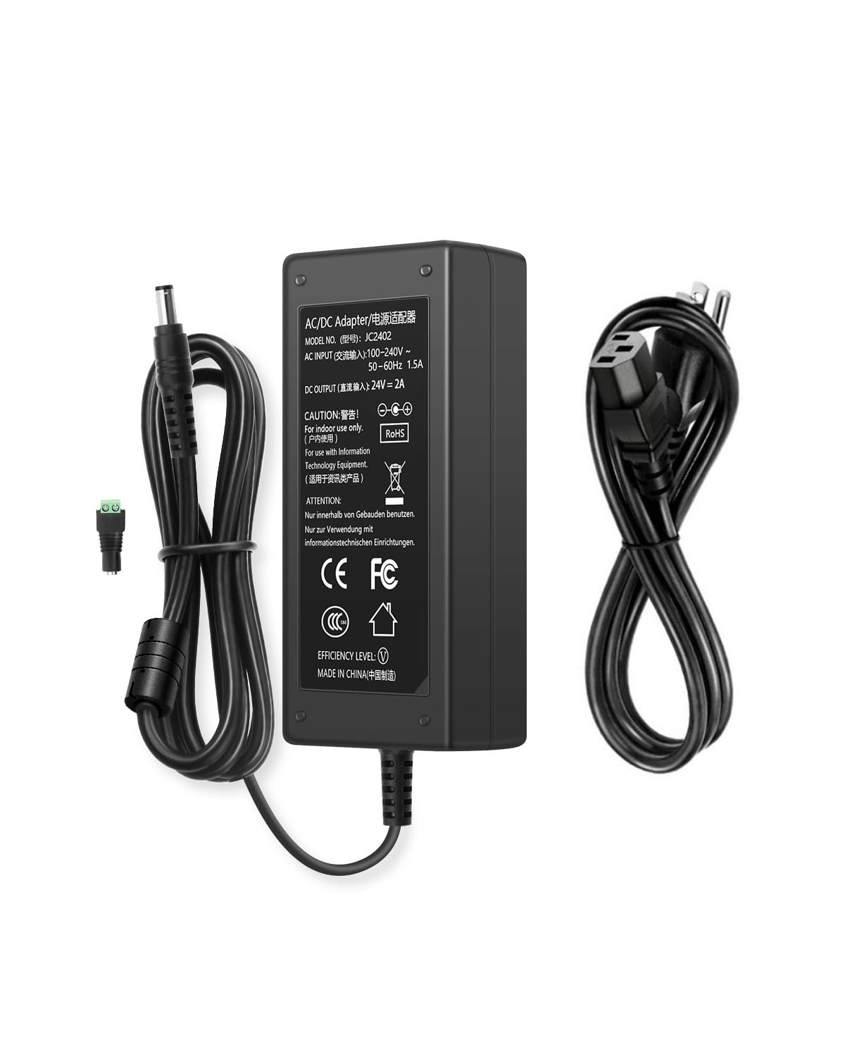 24V DC Power Supply 2A AC Adapter, 100-240 50/60Hz Desktop Adapter to 24 Volts 2Amp Transformer, DC 24V Power Cord, 5.5mm x 2.5mm Plug & 1 Tip