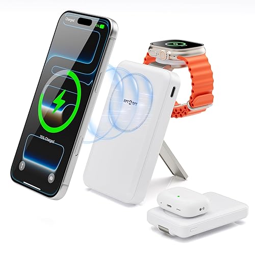 APTMAPT Magnetic Portable Charger, 10000mAh MagSafe Power Bank Fast Charging with Stand, 3 in 1 Travel Essential Wireless Charger Station for iPhone