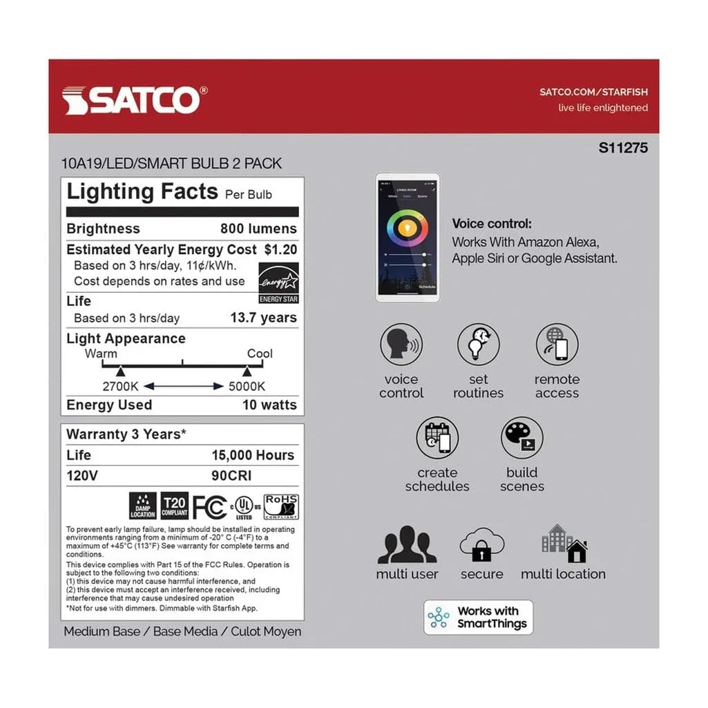 Satco S11275 Starfish A19 WiFi Smart LED Color-Changing Light Bulb, Works with Siri, Alexa, Google Assistant, SmartThings, 2700K-5000K, 2-Pack