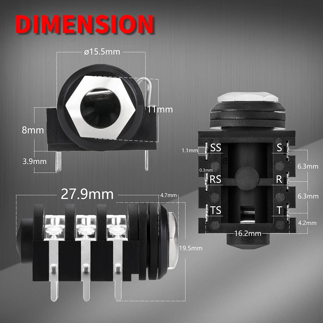 DAIERTEK 1/4 Jack Female 6.35mm Stereo 1/4 inch Guitar Pedal Input Jack Socket PCB Mount 6 Pin Input Output -18pcs