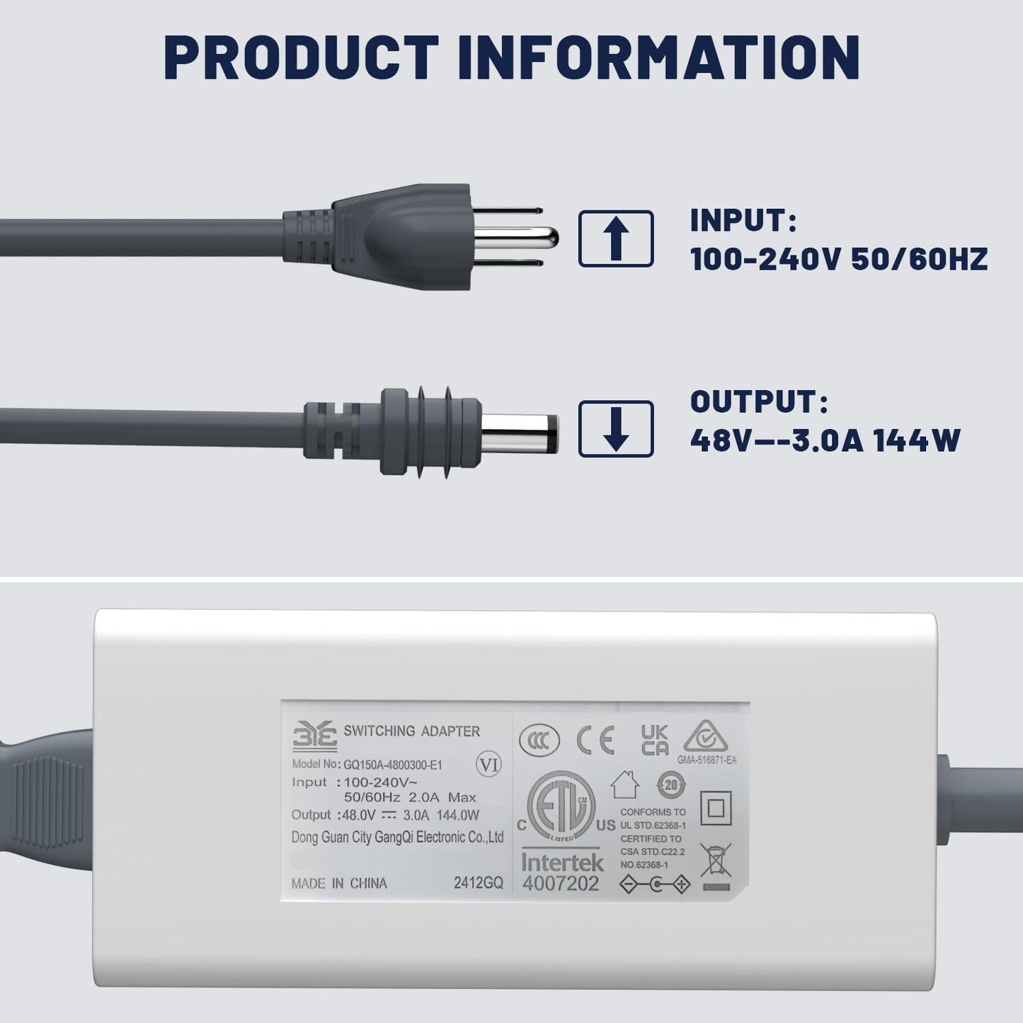 Starlink Gen 3 & Mini Power Adapter, ETL Listed 144W 48V 3A Replacement Starlink Power Supply
