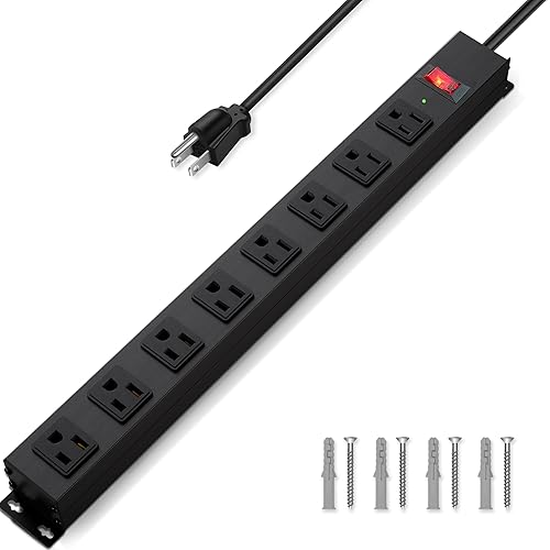 8 Outlet Power Strip Surge Protector, 6 Feet Metal Power Strip Heavy Duty with Switch for Home Office School Shop Garage, Wall Mount with Screw, 2100J