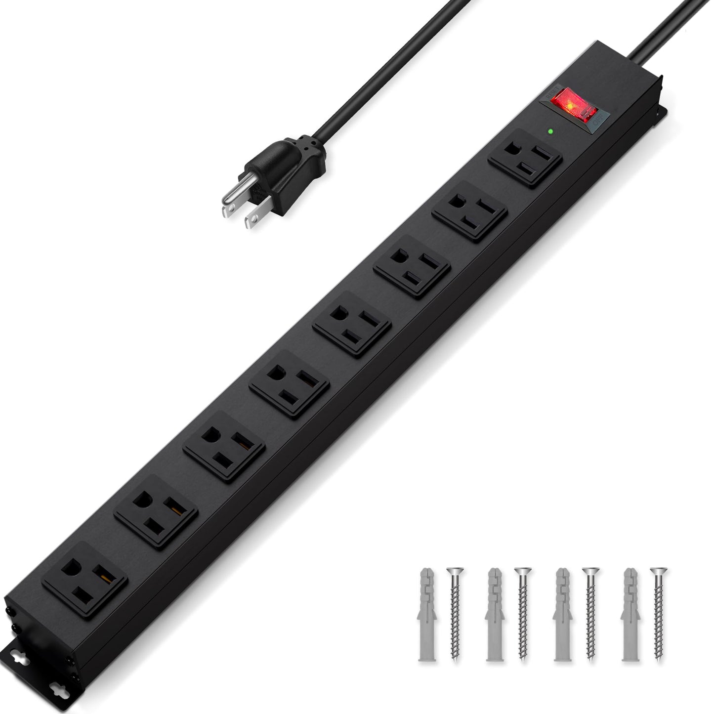 8 Outlet Power Strip Surge Protector, 6 Feet Metal Power Strip Heavy Duty with Switch for Home Office School Shop Garage, Wall Mount with Screw, 2100J