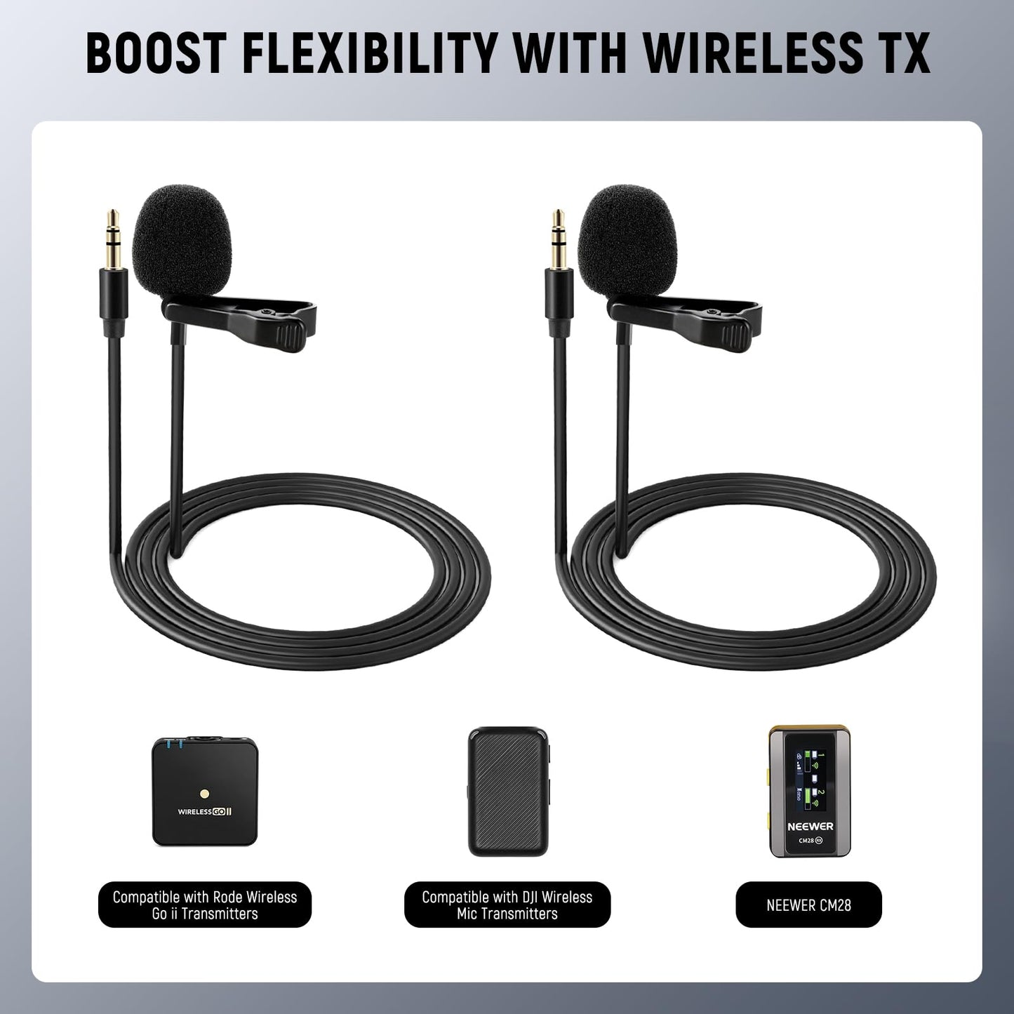 NEEWER 2 Pack Lavalier Lapel Microphone Compatible with DJI Wireless Mic Transmitters Rode Wireless GO II 2, Omnidirectional Condenser Wired Clip On