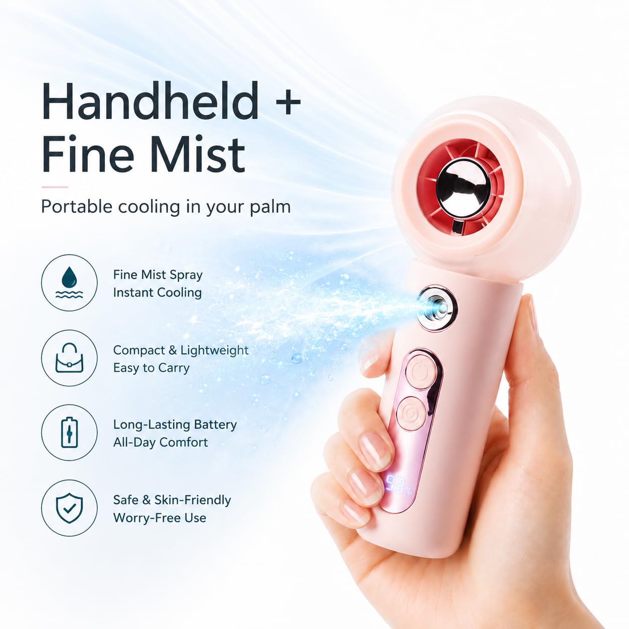 W-JIAJIEBTH Portable Handheld Mist Fan, 2000mAh Rechargeable Mini Fan with 4 Wind Speeds, Water Tank, Fine Mist Spray, USB-C Charging, Compact