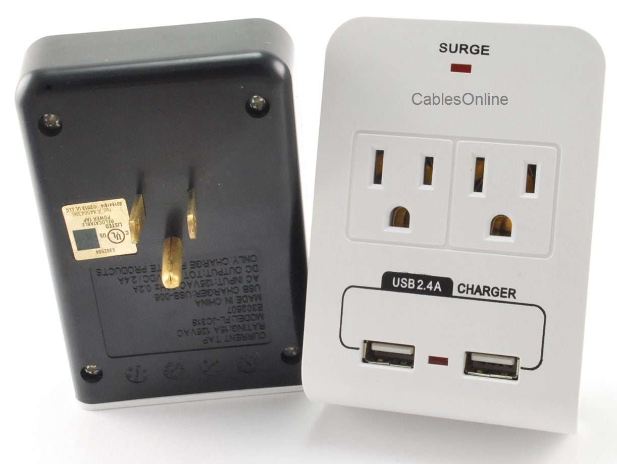 CablesOnline, 2-Outlet 90-Joules Wall Tap w/Dual-USB 2.4Amp Charging Ports, IP-P22AC