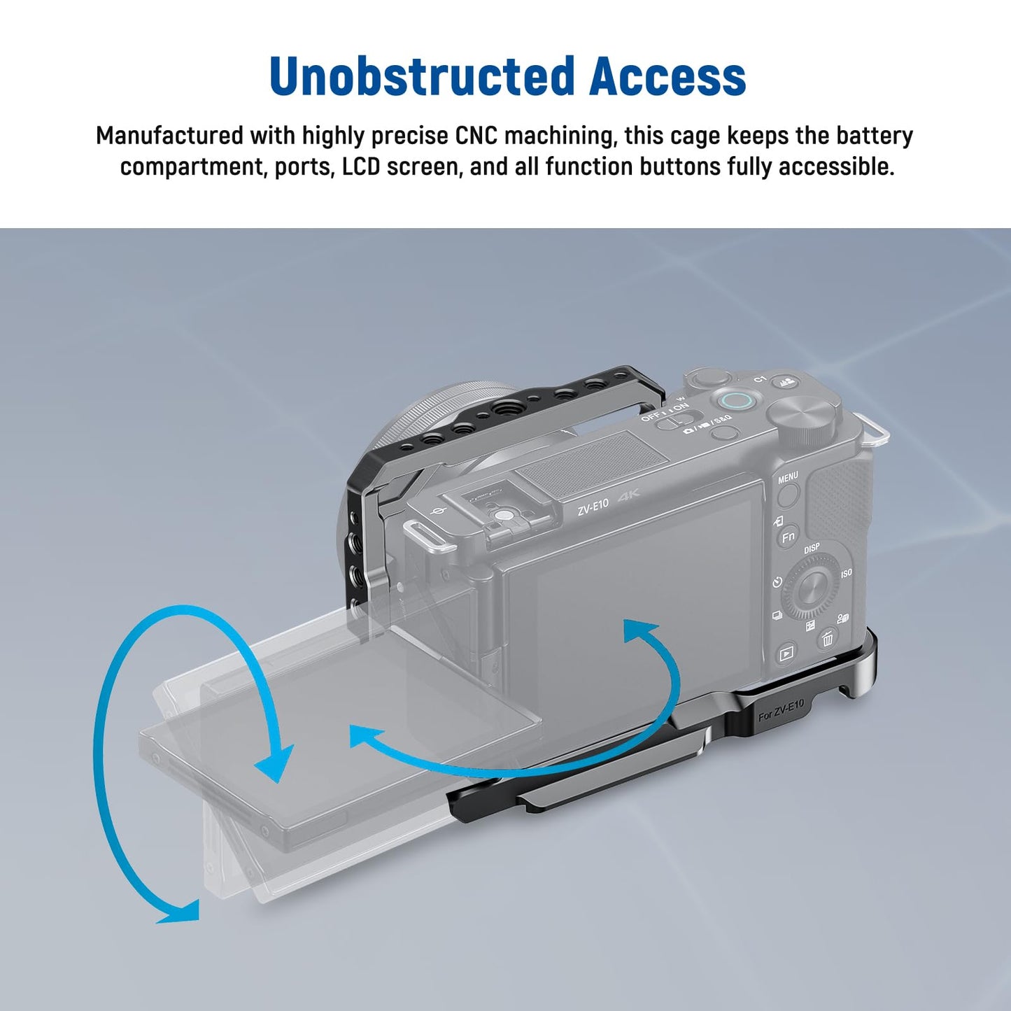 NEEWER ZV-E10 Camera Cage with Silicone Grip, 1/4" Threads, 3/8" ARRI Locating Holes, Arca Type QR Base, Protective Metal Video Rig Compatible