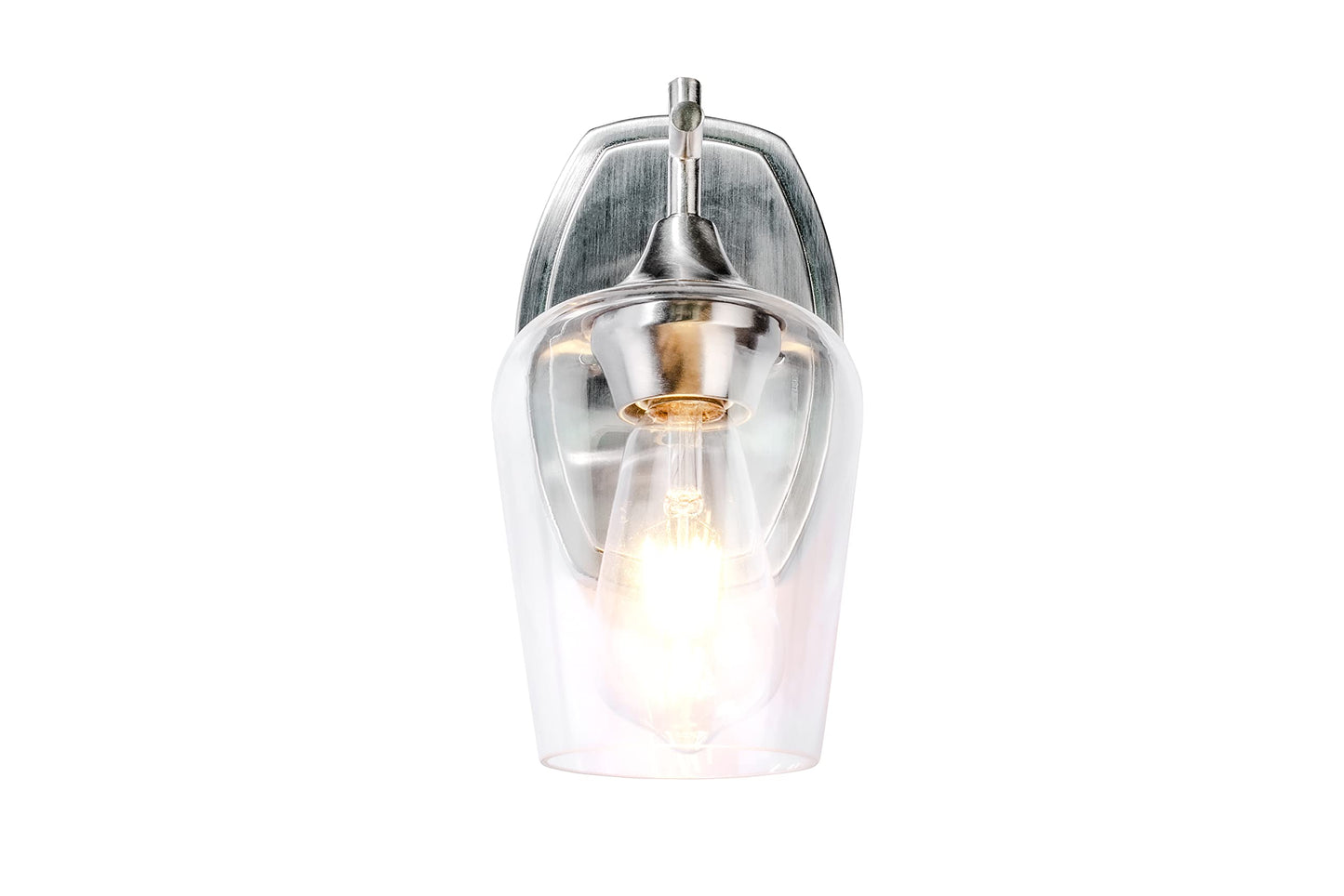 Aspen Creative 62720-09-1, 1 Light Indoor Wall Fixture, 5-1/8" W x 10-1/2" H x 7-1/4" E, Clear Glass w/Satin Nickel Finish, Bulb Not Included