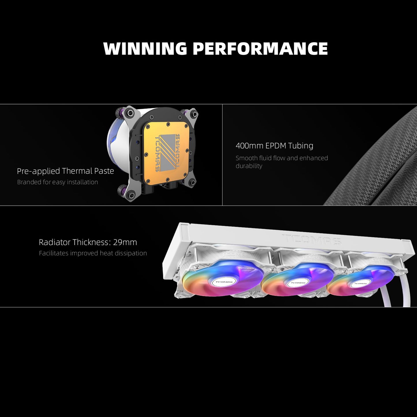 TCOMAS LE100 360mm AIO Liquid CPU Cooler - ARGB Full-Cover Lighting, FOC 3-Phase Pump, 2500RPM PWM Fans, 81.8CFM Airflow, 3.2mmAq Pressure - Intel