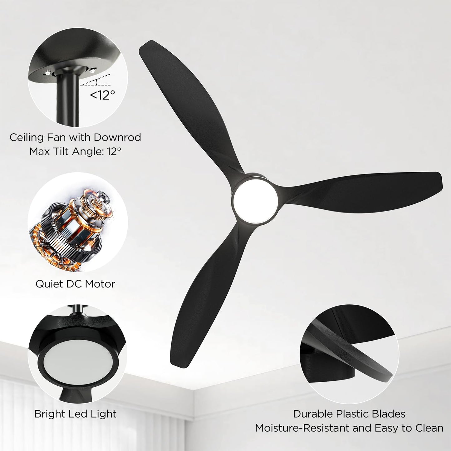 Roomratv 52'' Modern Ceiling Fan with Light, Wide Blade Design, Remote