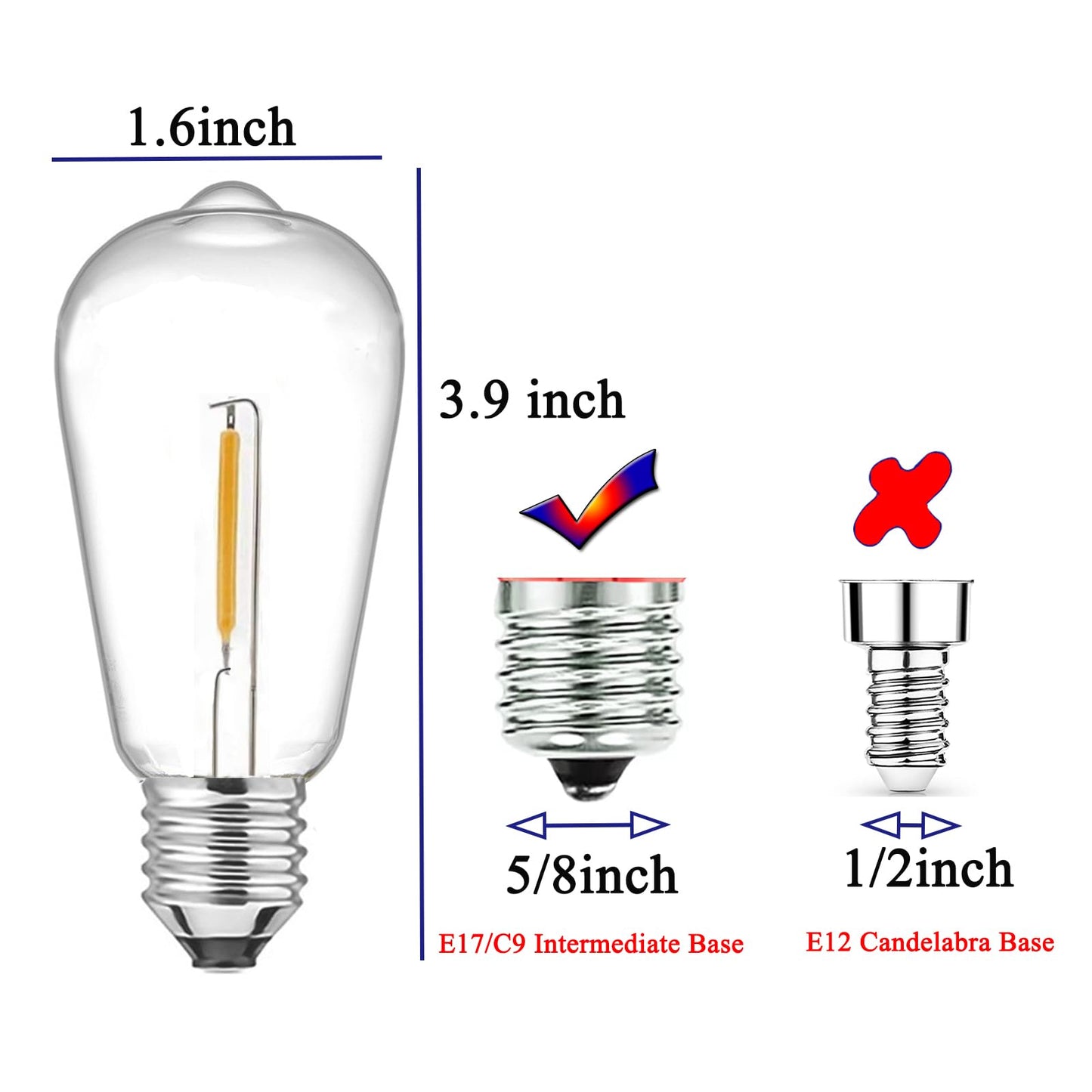 E17 LED Bulb ST40 Vintage Filament Bulb 1W Shatterproof LED Replacement Bulb Waterproof Clear Plastic E17/C9 Intermediate Base Warm White Edison Light