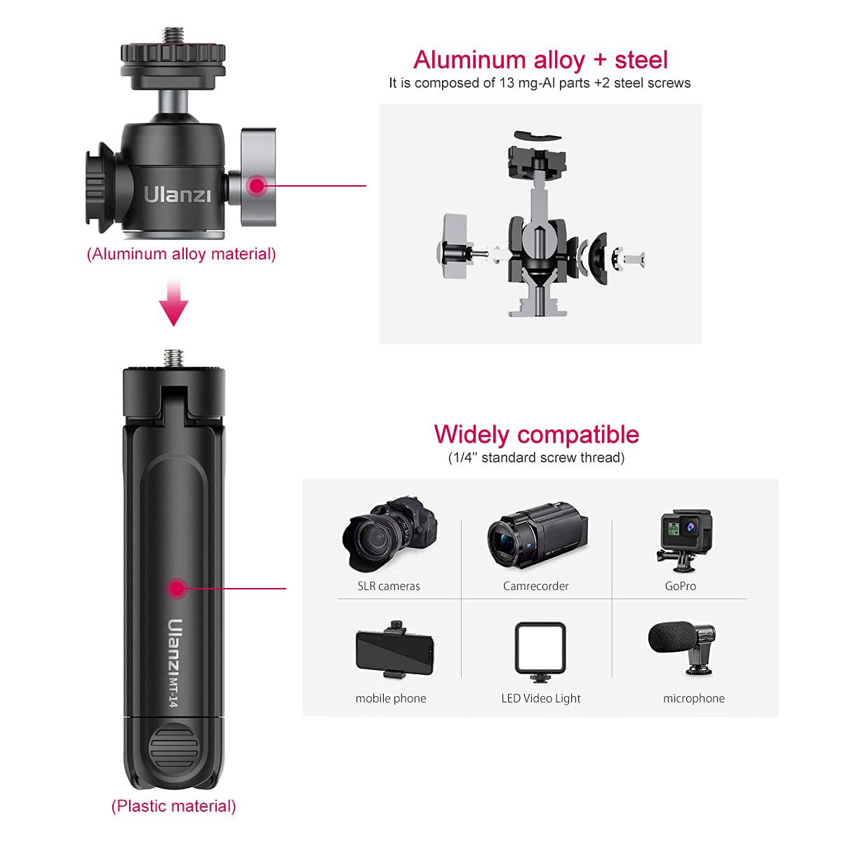 ULANZI Mini Camera Tripod with 360° Ball Head & Cold Shoe, Extendable Small Selfie Stick Tabletop Tripod Stand Handle Grip for Camera iPhone 11 Canon