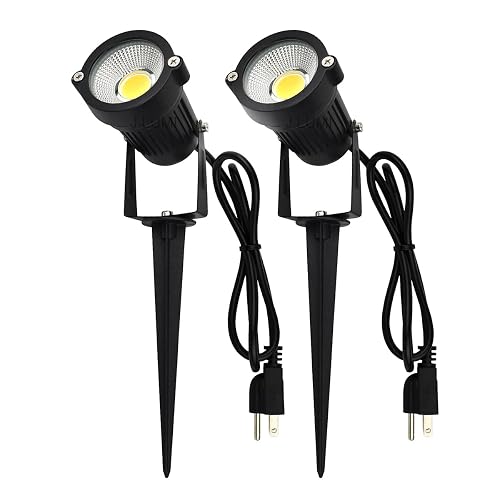 J.LUMI GSS6005 Outdoor Plug-in LED Spotlight - 5W 450LM Warm White 3000K, IP65 Waterproof Landscape Spotlight with Ground Stake, Metal, 3ft Cord, 120V