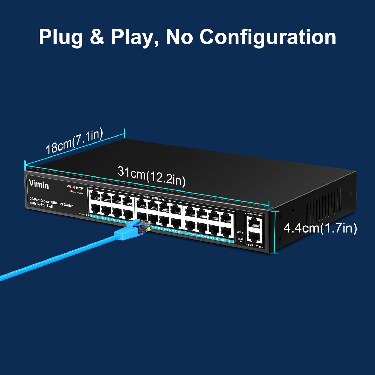 24 Port Gigabit PoE Switch with 2 Uplink Gigabit Ports, VIMIN 26 Port Unmanaged PoE Ethernet Switch with 320W Power, Support IEEE802.3af/at, VLAN