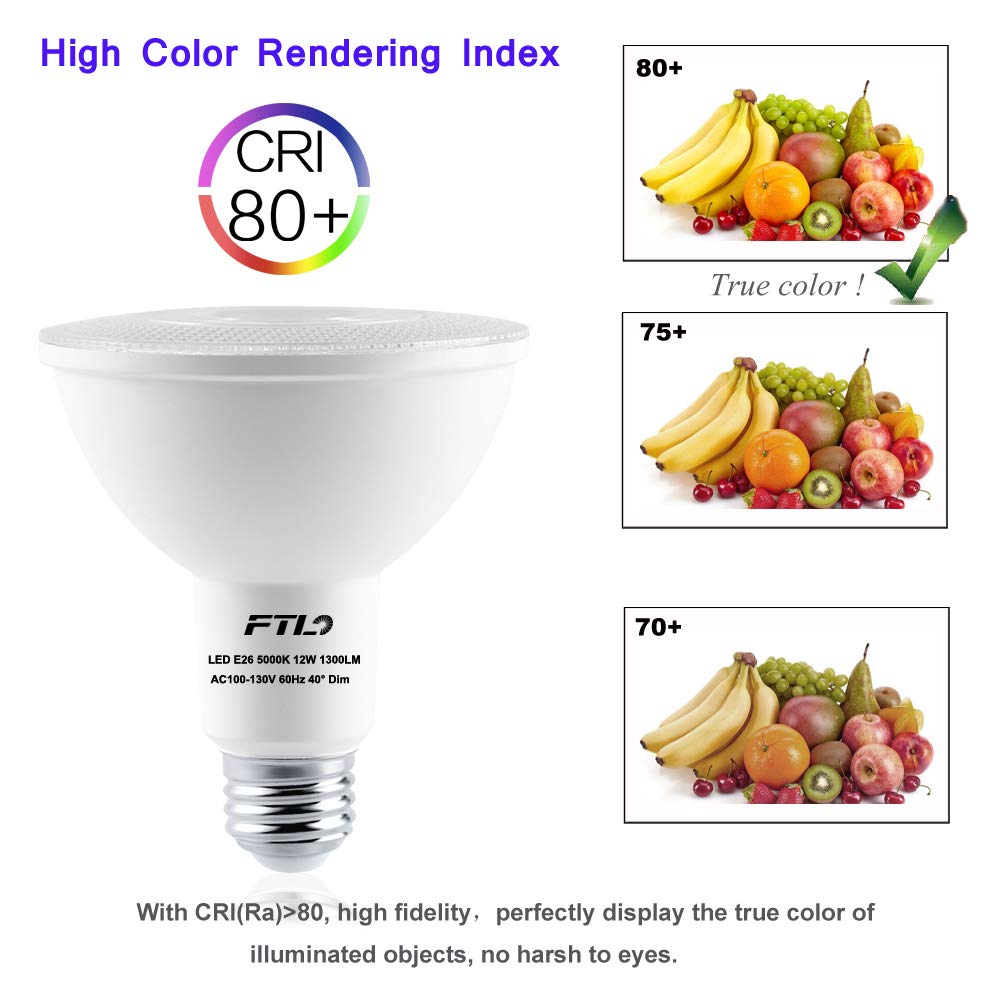 PAR30 LED Flood Light Bulbs Long Neck 5000K Daylight Dimmable 75W Halogen Equivalent 12W E26 1300LM 40 Degree Spotlight for Recessed Can Lighting