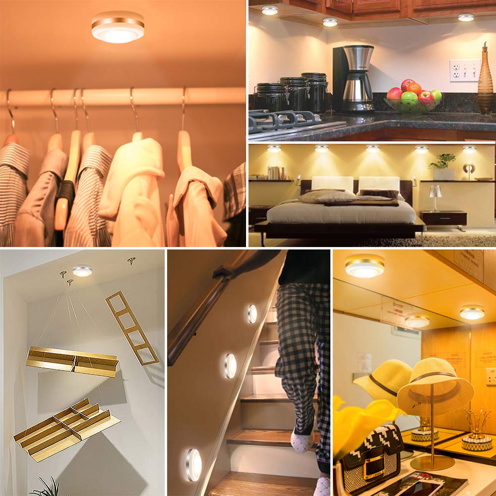 Bawoo LED Puck Lights 6 Pack, Remote Control, Warm White Brightness Dimmable Battery Powered Touch Closet Cupboard Kitchen Wardrobe Lights
