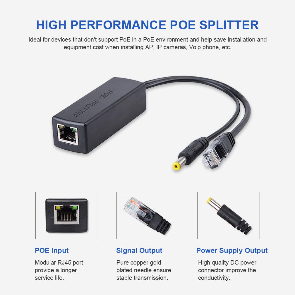 10Gtek POE Splitter Cable 100Mb/s 155Mb/s, 802.3AT/AF, 48V to 12V (PSE chip Inside), 100 Meters Link (2-Pack)