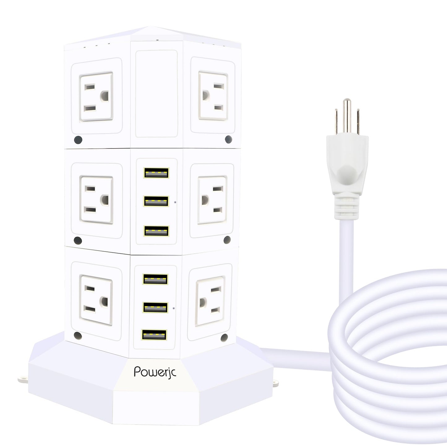 Power Strip USB Surge Protector Tower 12 AC Outlets with 6 USB Ports Chargers 10 Feet Long Extension Cord Indoor White-Powerjc