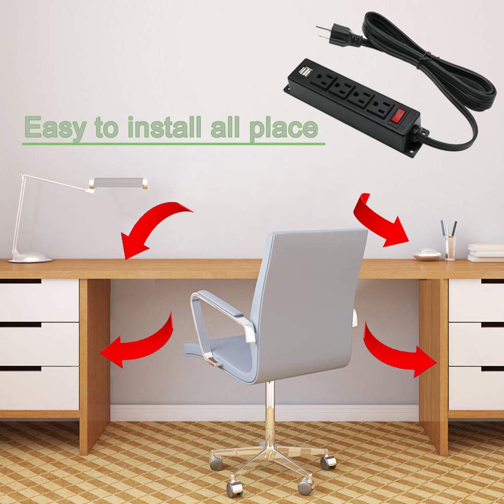 Mountable Power Strip with USB Ports,Wall Mount Power Outlets Screw Down Power Socket in Desk Under Cabinet Power Station 4AC Outlet 2 USB 6.56 Feet