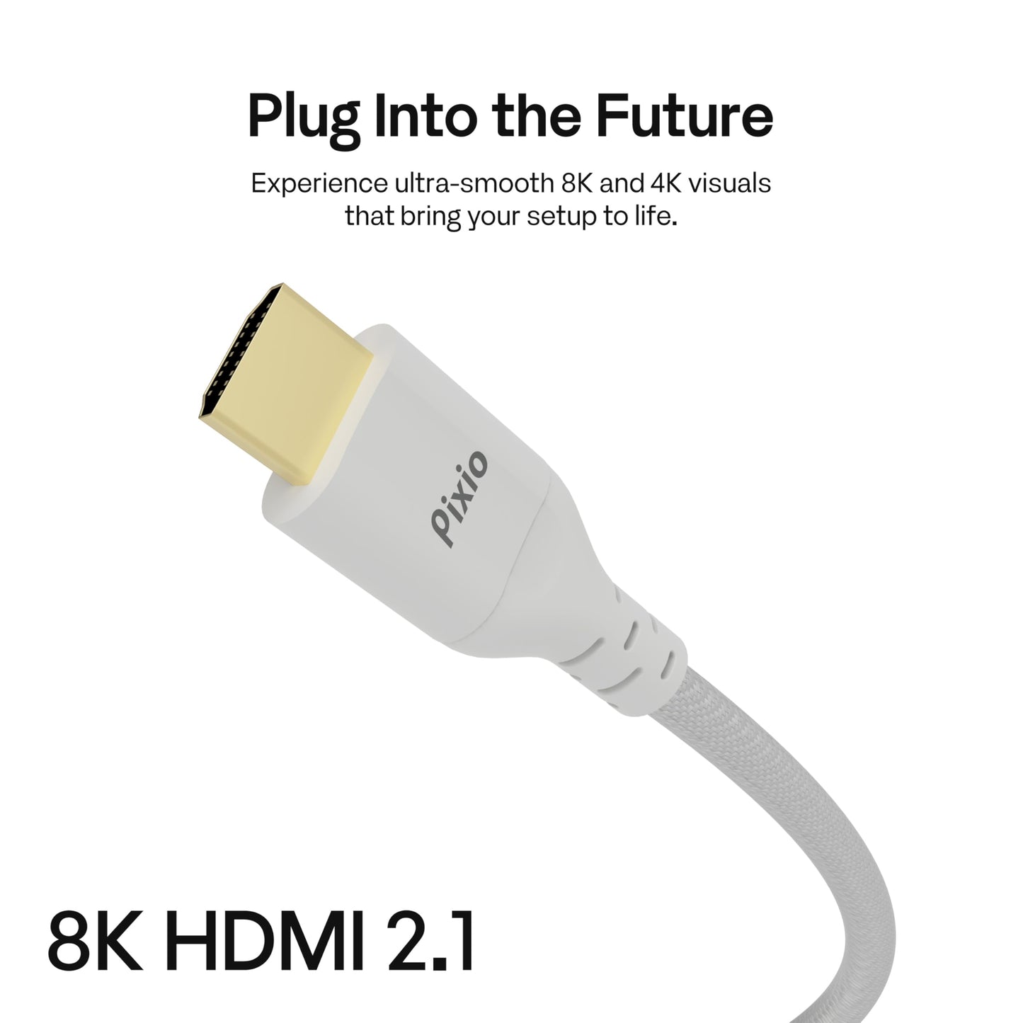 Pixio White 8K HDMI 2.1 Cable Ultra Certified Ultra High Speed 10FT 8K 60Hz 4K 120Hz Nylon Braided Gold Plated Connector Anti-Breakage HDR10+ DTS eARC