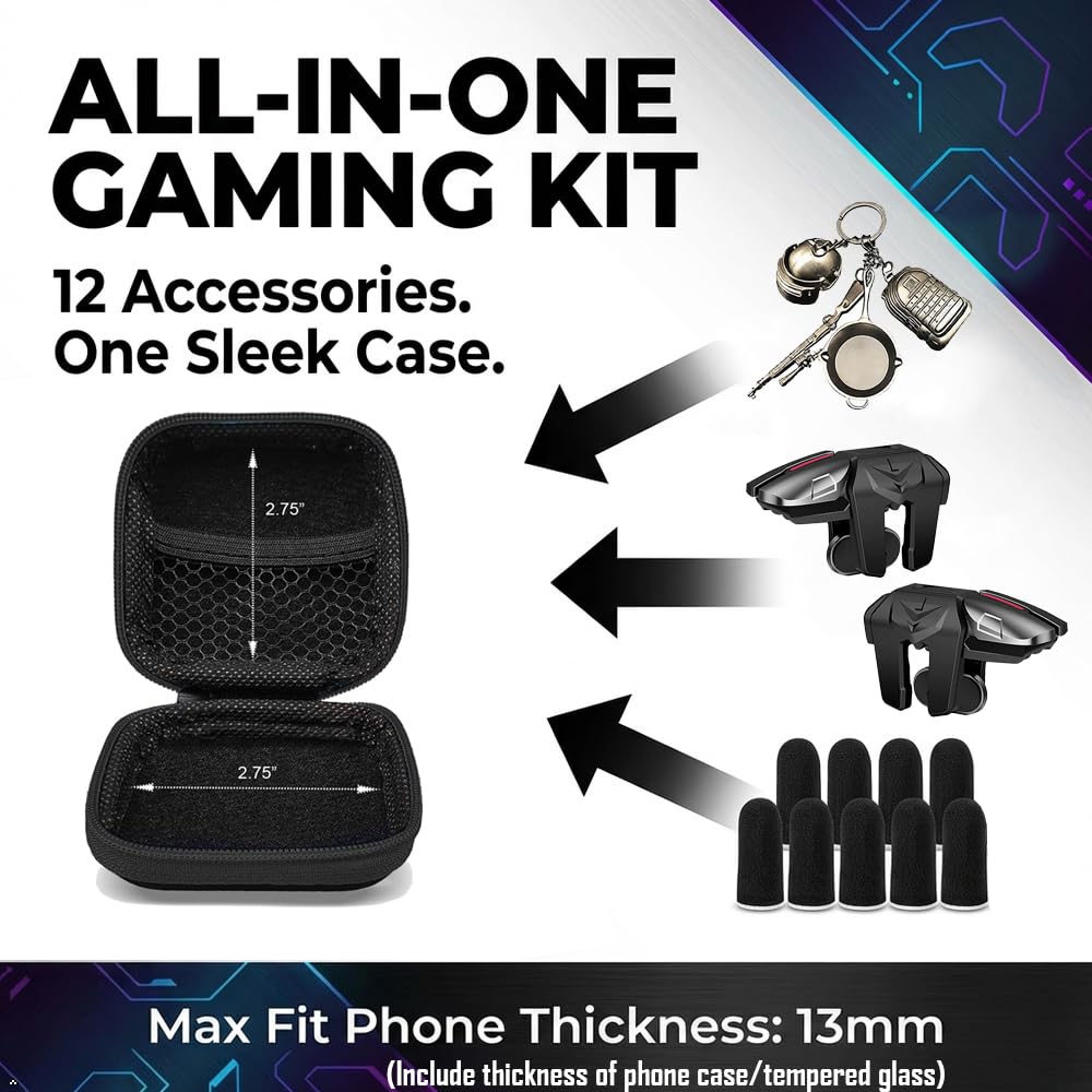 Mikirini 13 in 1 Mobile Gaming Combo Kits, L2R2 4 Triggers Cell Phone Controller for iPhones/Android Phones, compatible with PUBG/Fortnitee/Call