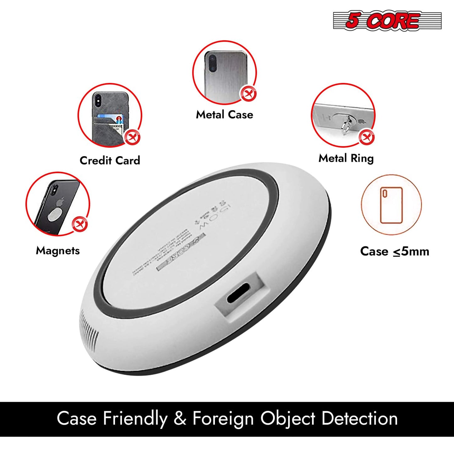 5 Core Fast Wireless Charging Pad 15W Qi-Certified Slim Glass Top Phone Charger with USB-C for iPhone Samsung & Other Smart Phones - CDKW04 W