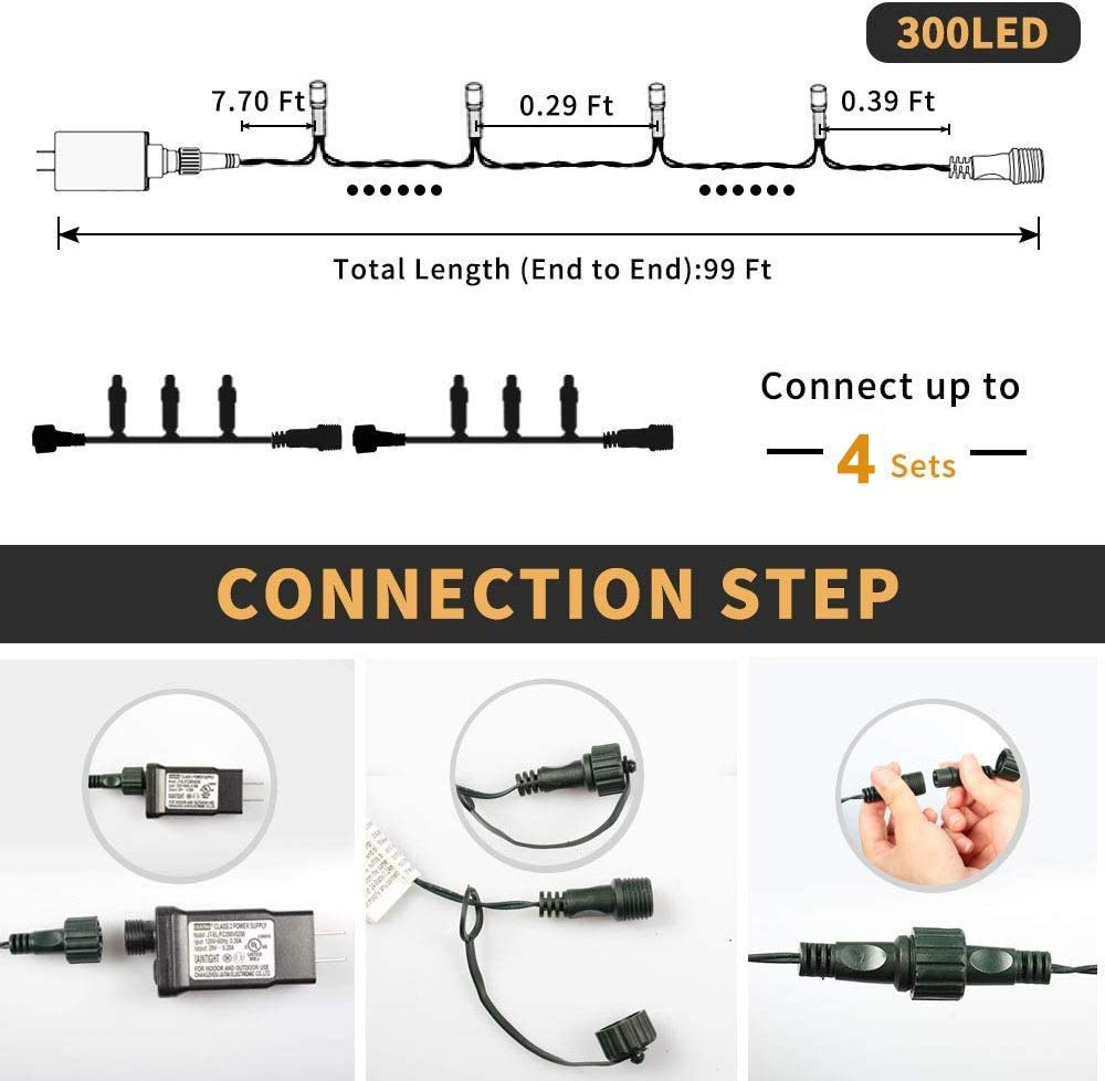 Haili 105FT 300 LED Christmas Lights Outdoor Waterproof, 8 Mode Connectable String Lights for Christmas Tree, Wedding, Party, Patio, House Christmas