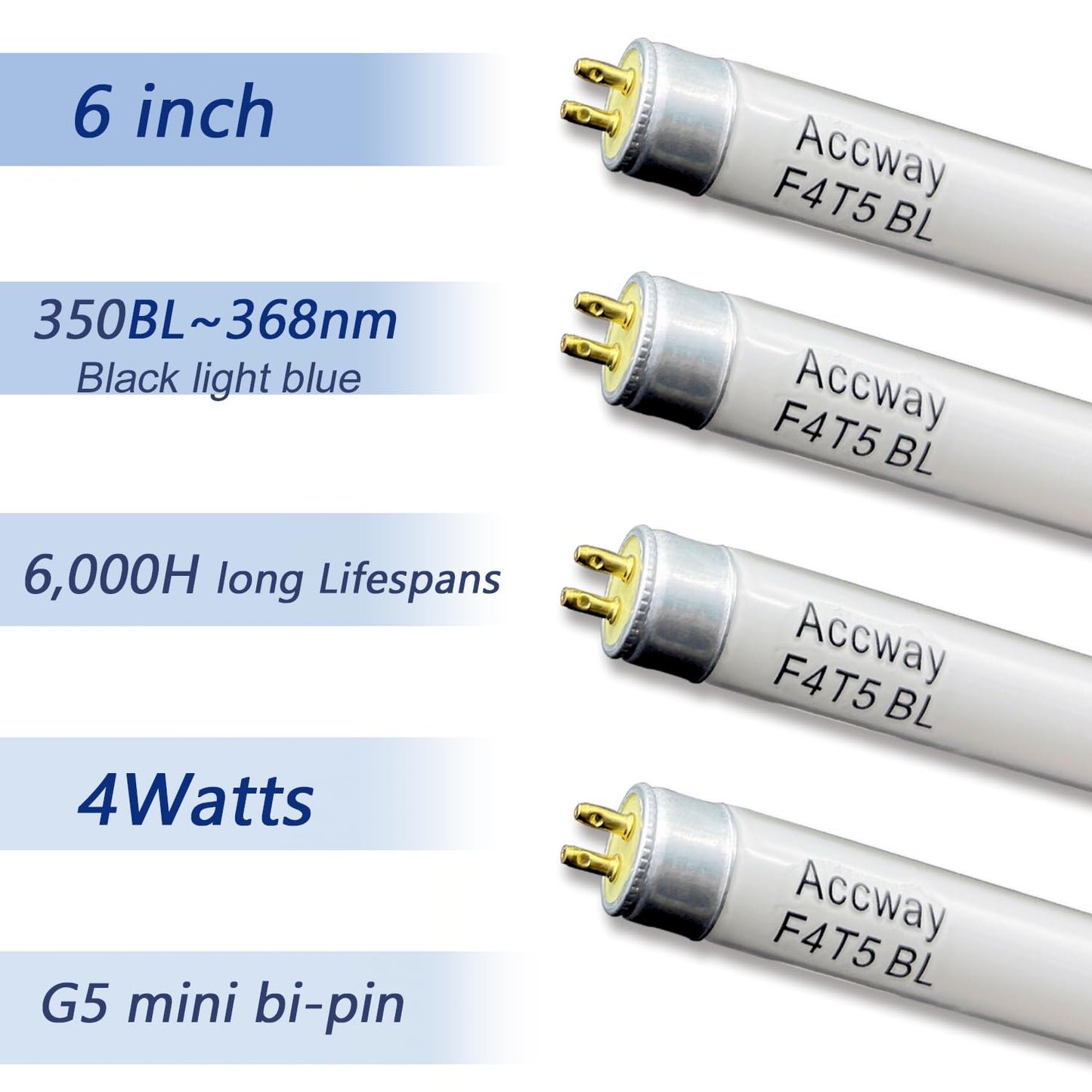 Accway 6'' F4T5/BL Fluorescent Bulb 4Watt 350BL,F4W Black Blue Light Lamp,FL4NL- T5 Linear Tube -G5 Mini Bi Pin Base (4pack)