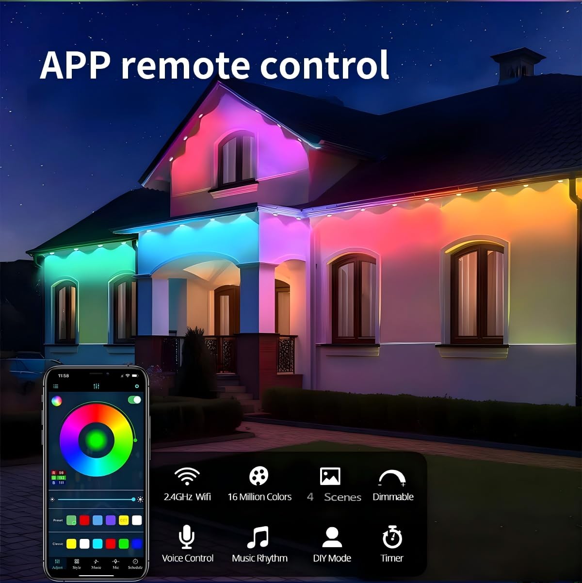 Clownya Permanent Outdoor Lights, Smart Outdoor LED String Lights,Christmas Lights RGB Color Changing,Scene Modes, IP67 Waterproof, App