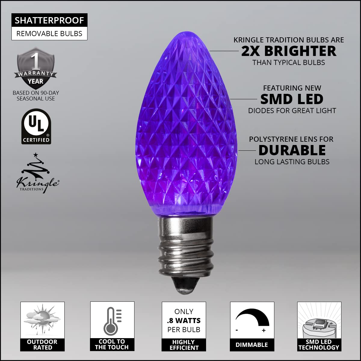 Kringle Traditions Purple C7 LED Christmas Light Bulbs - 25 Pack Dimmable SMD E12 Base Shatter Resistant Replacement Bulbs