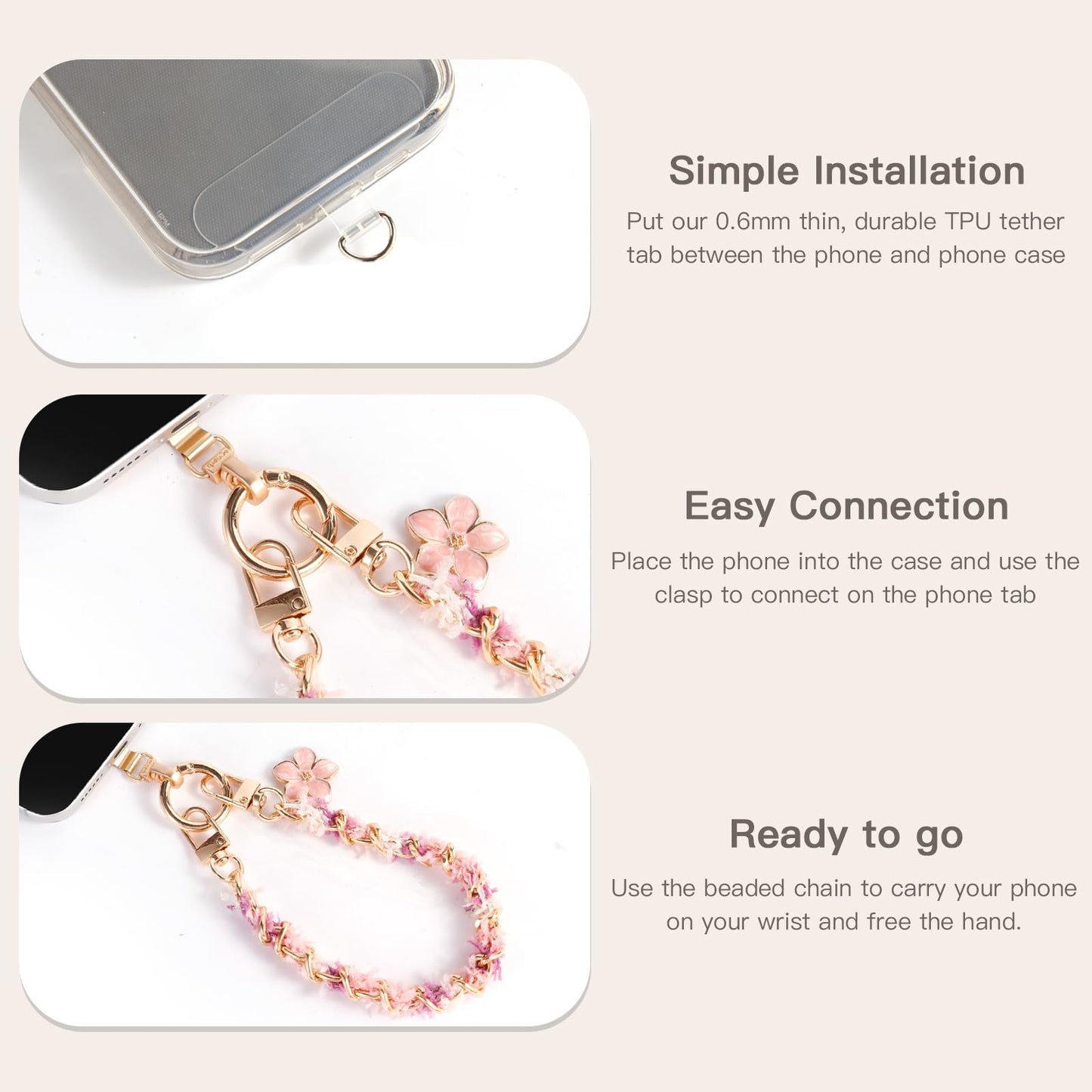 Elegant Floral Cell Phone Wrist Strap with Gold Chain, Soft Tassel for iPhone 17 Pro Max/Series 16&Most Cellphones - Secure Anti-Drop Lanyard