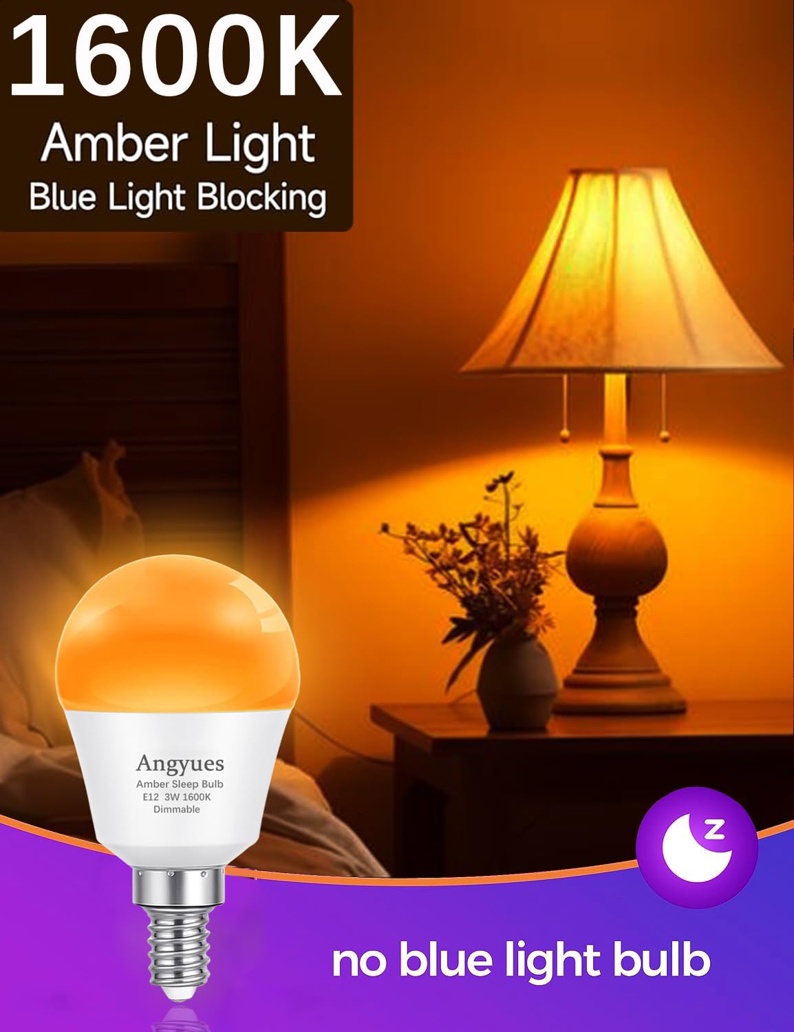 Angyues E12 Small Candelabra Base Amber Sleep Light Bulb Dimmable?1600K Blue Light Blocking, A15 Warm Night Light Bulbs 25W 40W Equivalent, 3W 300LM
