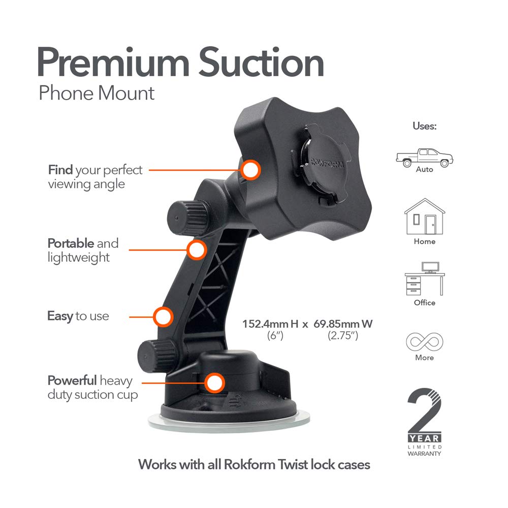 Rokform - Adjustable Windshield Phone Mount Secured by Strong Suction Cup Base, 210 Degrees of Tilt and 360 Degree of Rotation Phone Holder Compatible