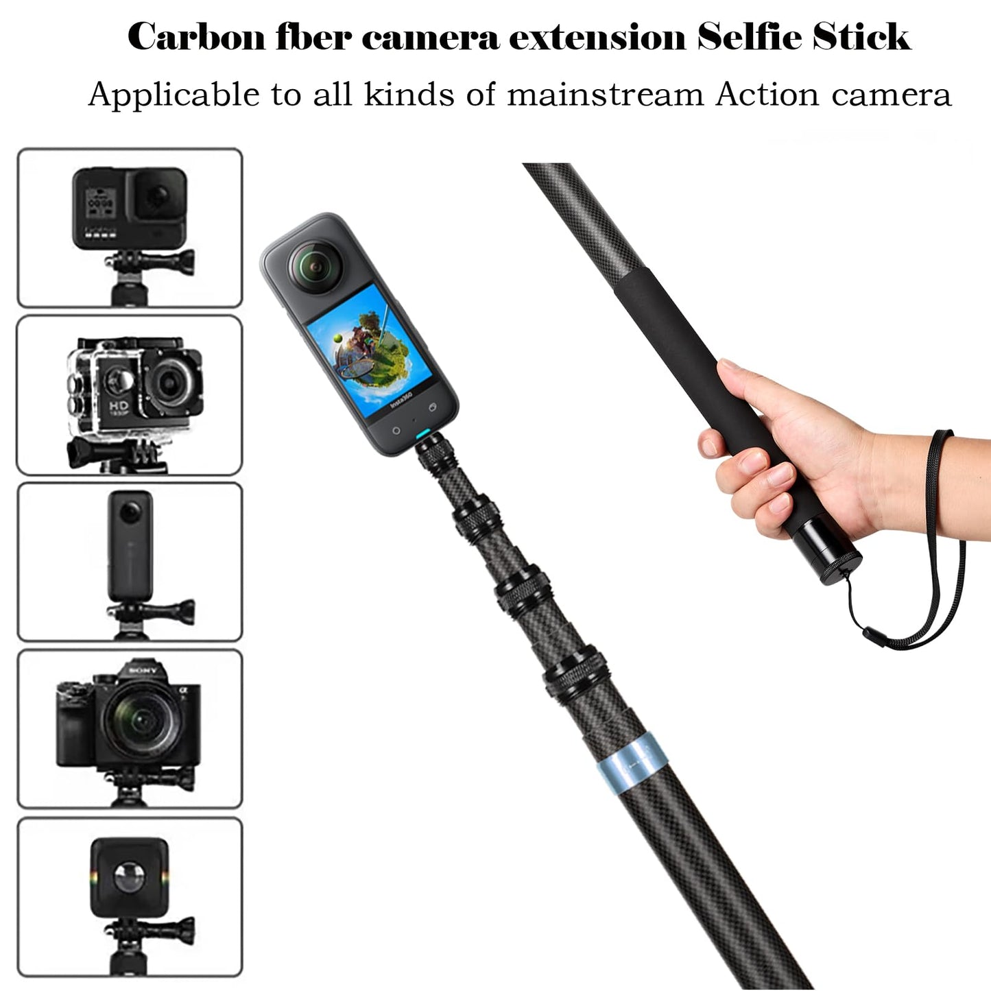 3m Selfie Stick 110in/9.8ft Long Invisible Carbon Fiber Selfie Stick Lightweight Extra Long Extension Pole for Insta360 ONE X5 X4 X 3 ONE X2 ONE R ONE