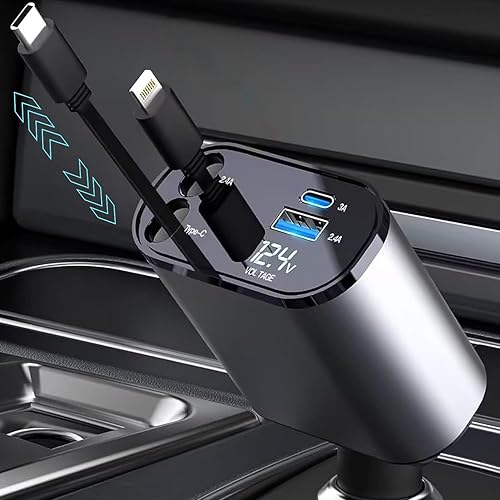 Retractable Car Charger Fast Charging - 66W 4-in-1 USB C Car Phone Charger Cigarette Lighter Adapter Car Charger Compatible with iPhone 15 14 13 12