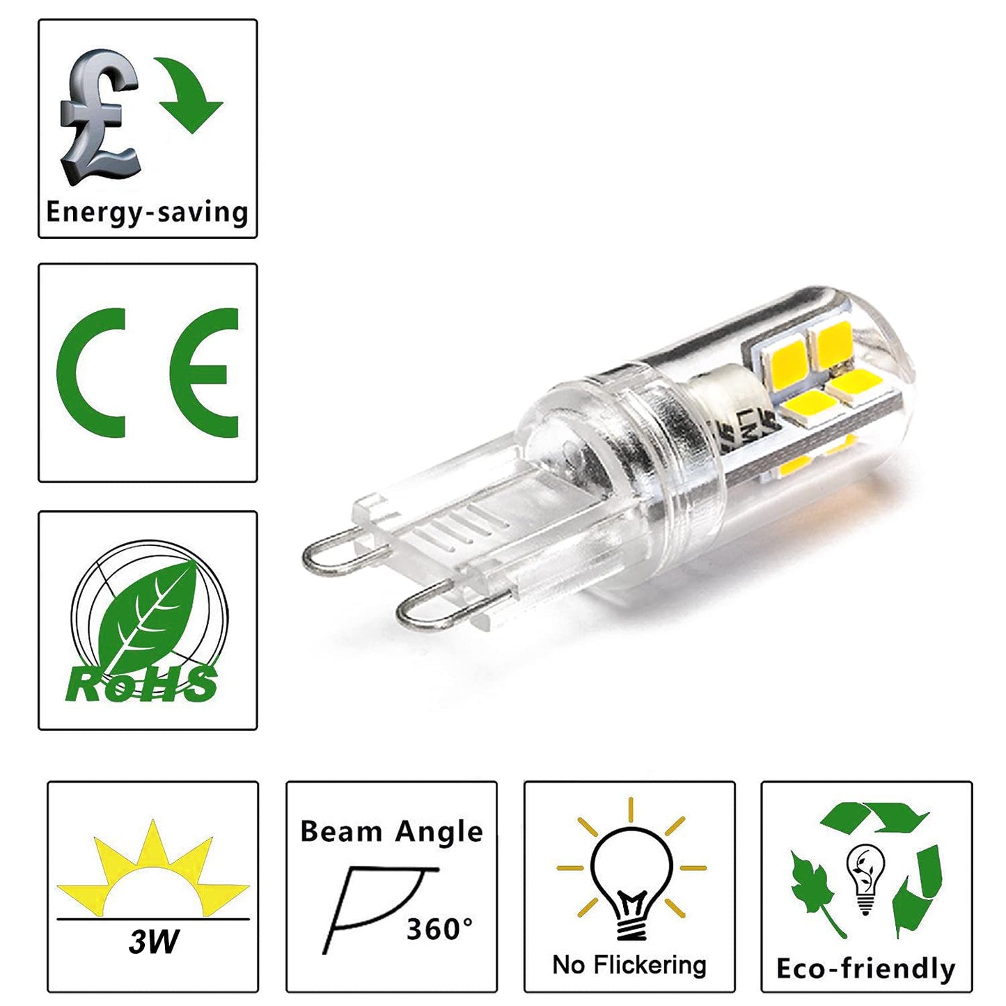 UCINNOVATE G9 LED Light Bulbs, 3W Daylight White, 25W Halogen Equivalent, No Flicker Energy Saving Bulb, AC 110V-120V, Non Dimmable, Ideal