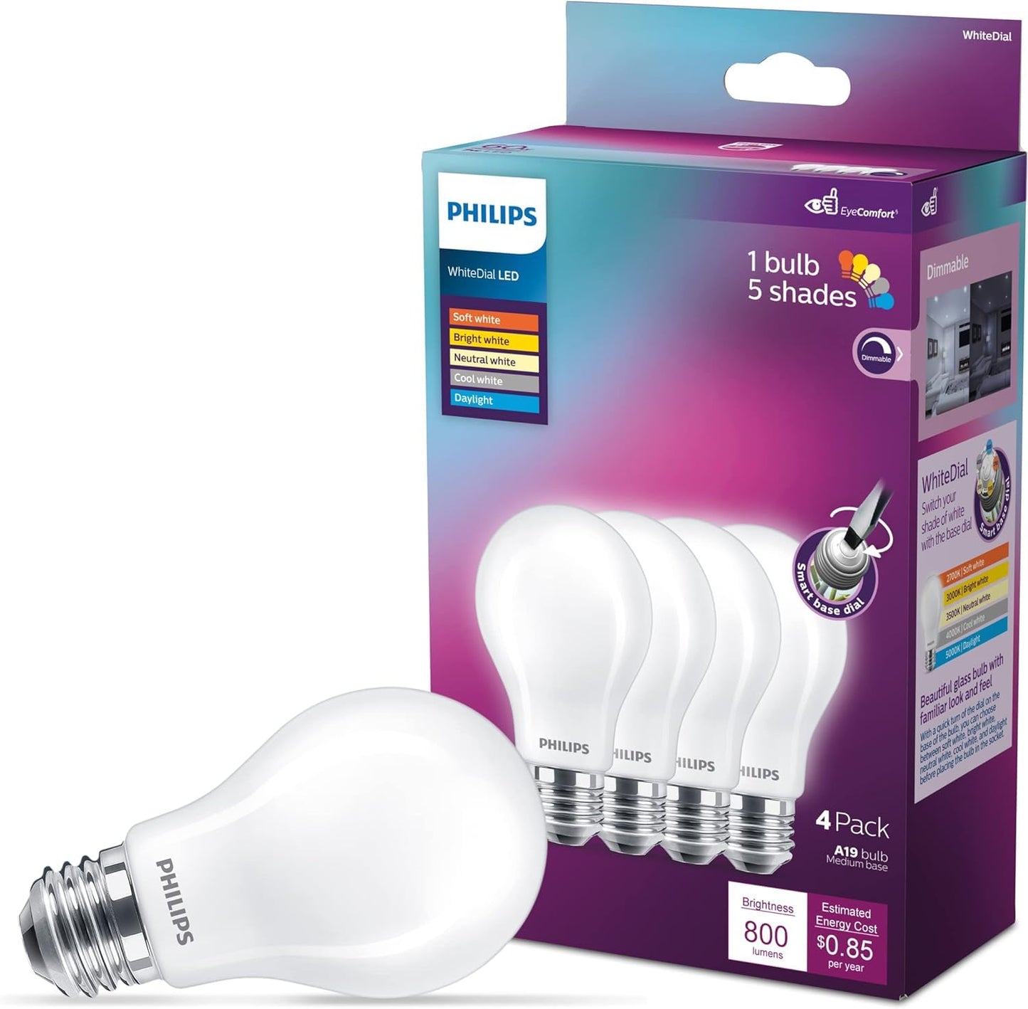 PHILIPS LED 40W A19 4-Pack WhiteDial Multi-CCT (5000K) 450 Lumen (5W = 40W) Dimmable Frosted Flicker-Free Light Bulbs