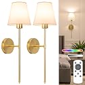 NIORSUN Battery Operated Wall Sconce Set of 2,Gold Rechargeable Wall Lights with 10400mAh Dimmable Bulbs and Remote,10 Colors Wireless Wall Lamps