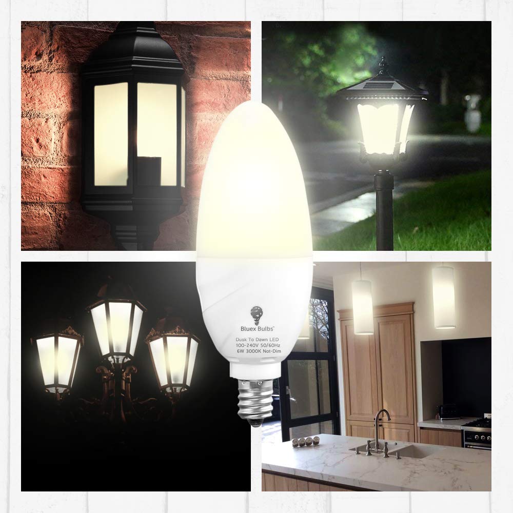 6 Pack BlueX Dusk to Dawn LED Bulbs, 6W E12 Base Light Bulb - 65W Equivalent - 3000K WarmLight White - Smart Light Sensor Candelabra Bulb, Home