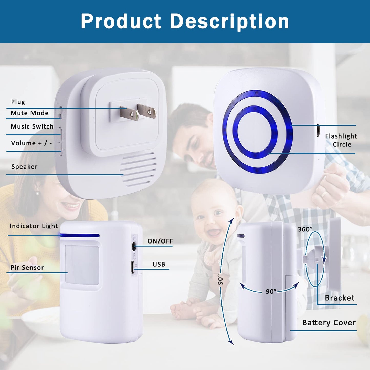 Seanme Motion Sensor Alarm, Wireless Driveway Alarm, Home Security Business Detect Alert with 4 Sensor and 1 Receiver,38 Chime Tunes - LED Indicators