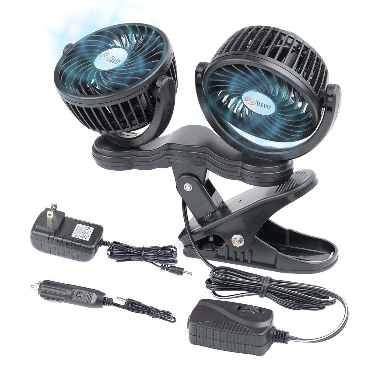 TN TONNY Brushless Motor Dual Head Clip On Fan,with DC 12V and AC 110V Power Adapter in Car and Home Use, 7 Blades Air Cooling Dual Head Fan
