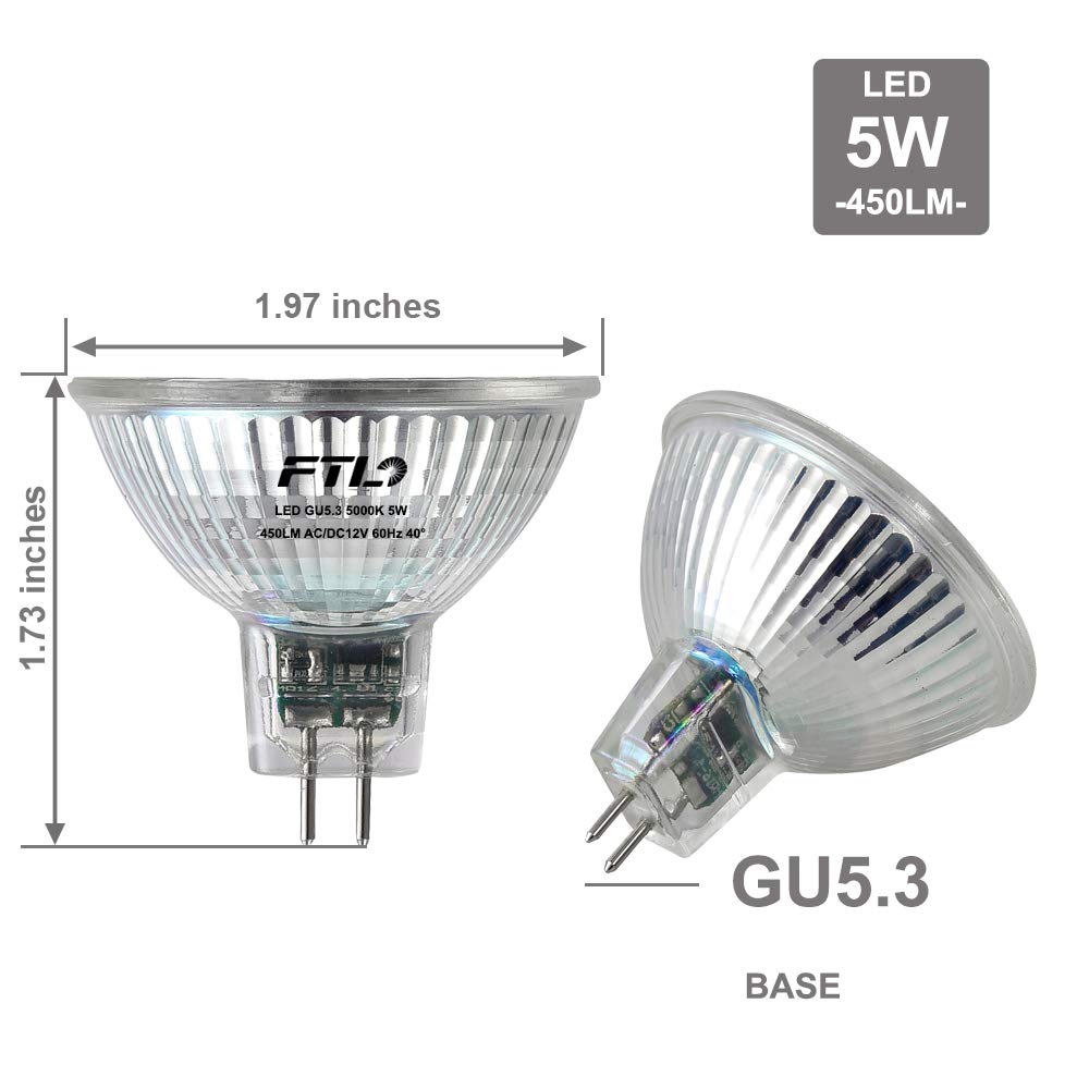 FTL MR16 LED Bulb Non Dimmable 5000K Daylight White Glass 5W AC/DC 12V 50W Halogen Equivalent 500lm GU5.3 Bipin Base 40 Degree Spotlight for Track