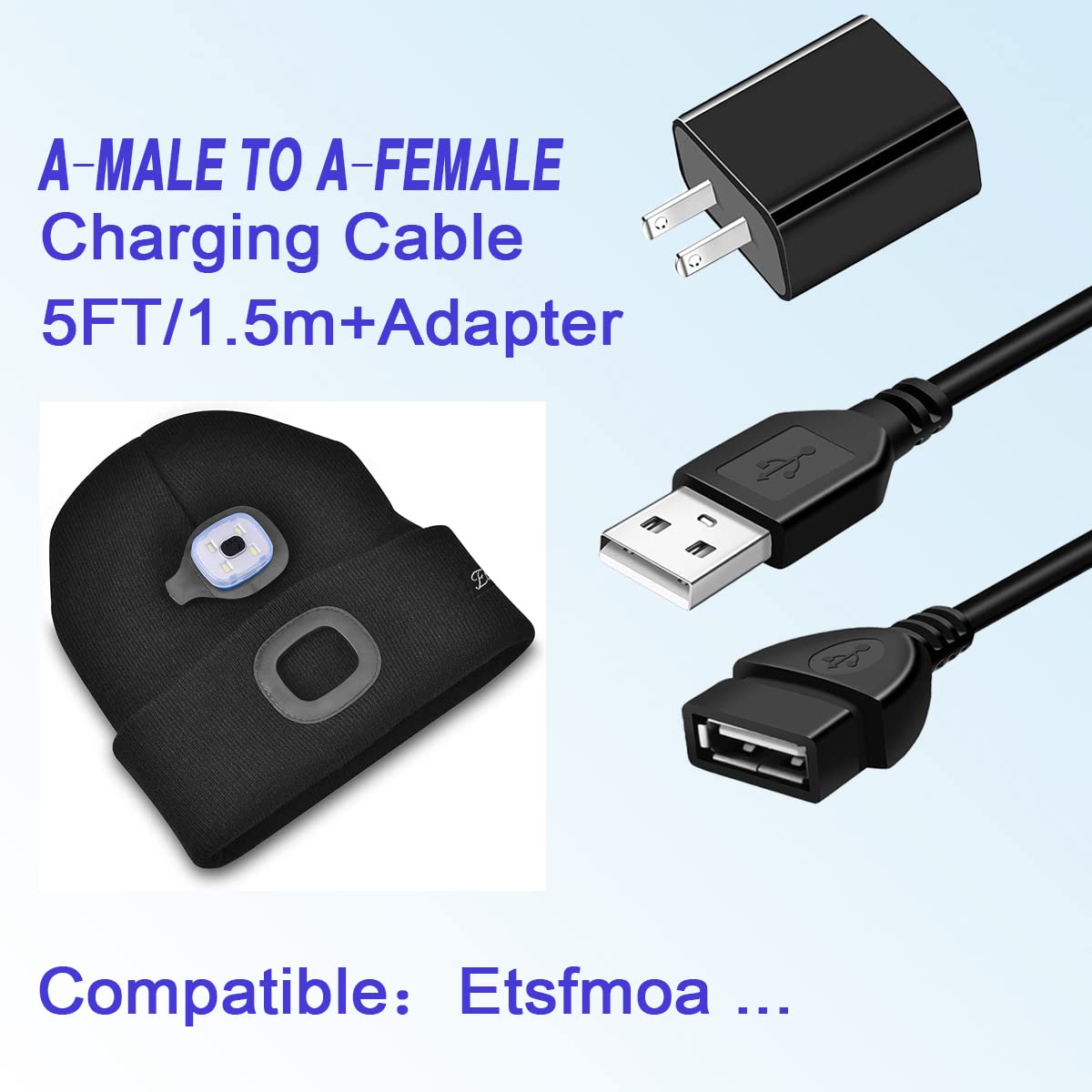 5FT Charger Adapter Cable for Etsfmoa LED Beanie Hat with Light, PRAVETTE, Tutuko, YunTuo, Bosttor, GAFres, TAGVO, Attikee, A-Male to A-Female
