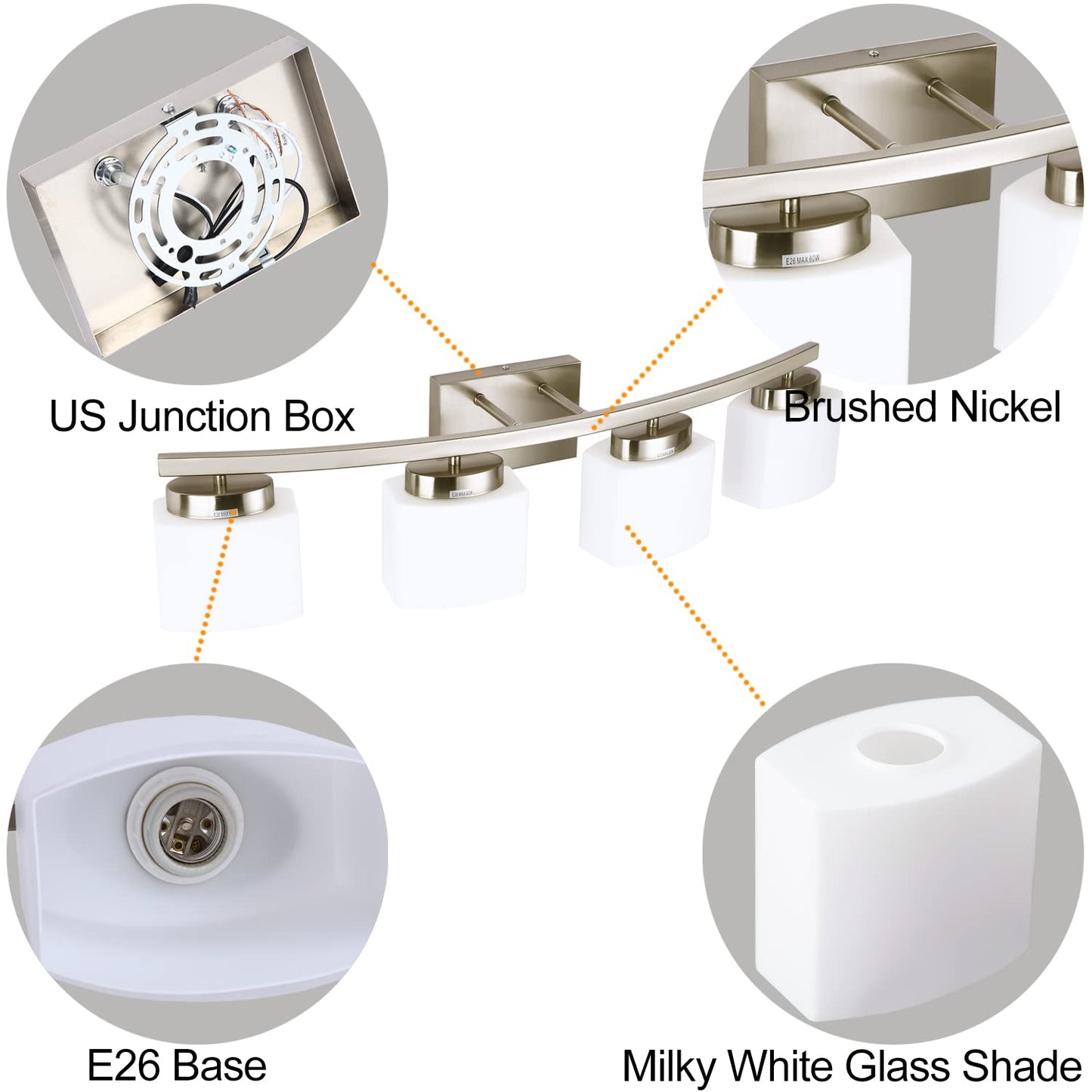 Dosoty 4-Light Brushed Nickel Vanity Light Fixture with White Glass Shade for Bathroom Over Mirror, 31.5 Inches