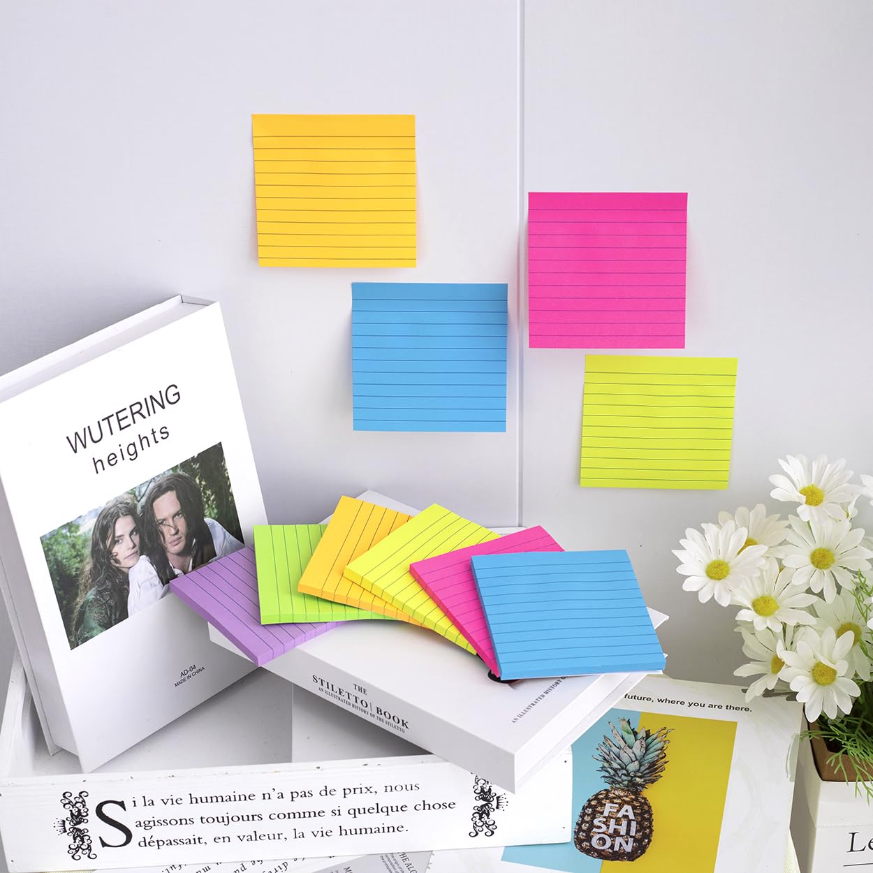 (12 Pads) Lined Sticky Notes 4x4 in, 6 Bright Colors Self-Stick Note Pads